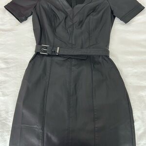 Women’s Black Faux Leather Belted Dress